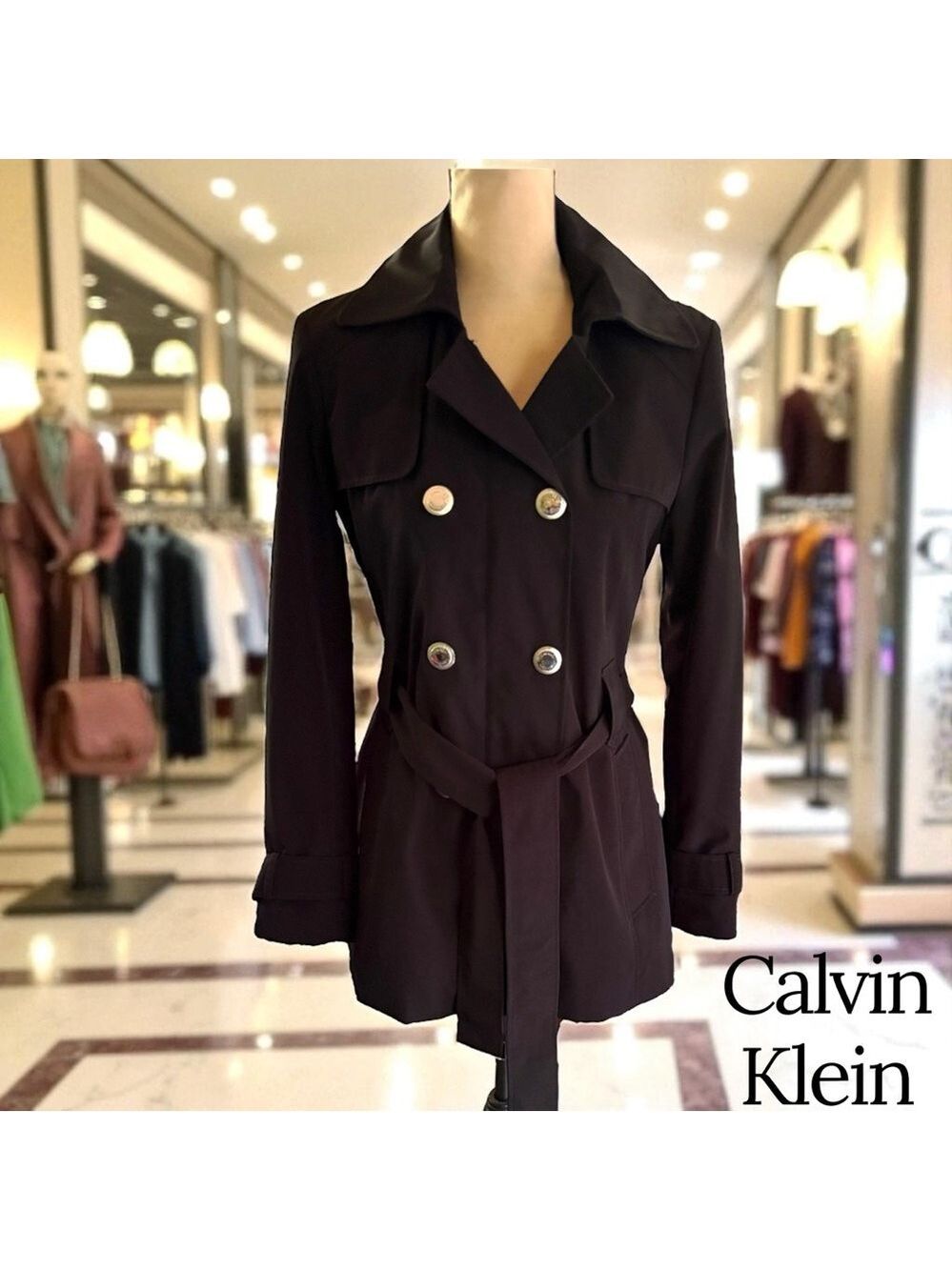 Calvin Klein-Classy black trench coat. Size small. Silver details/Hood. Like new - Picture 14 of 16